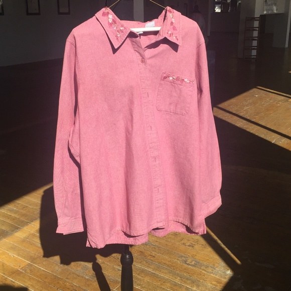 Salmon Pink 100% Cotton Long Sleeve Embroidered Button Down Shirt - Picture 2 of 3